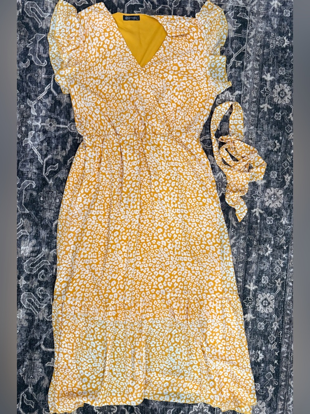 Yellow Floral V-Neck Midi Dress with Tie Belt